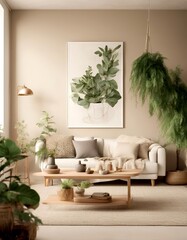 ai beige generative vintage backdrop light boho mockup wall living table ai greenery style accessories generative home design frame rustic room sofa scandinavian background illustration