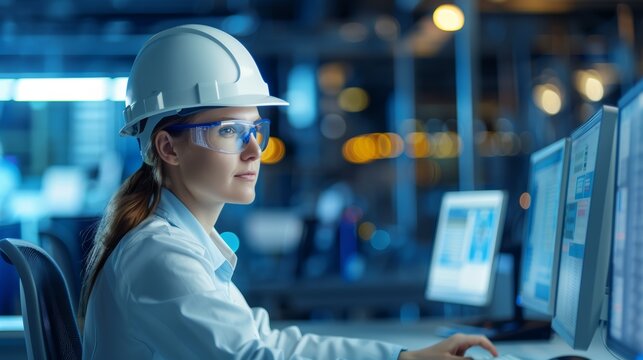 A female engineer in a white hard hat and safety glasses works on a computer in a modern industrial setting.