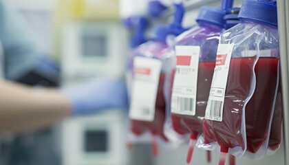 close-up of a blood donation bag already filled with blood and the connected tube
