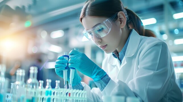 A female scientist in a lab coat and safety glasses carefully pipettes liquid into a test tube, surrounded by beakers and other scientific equipment.