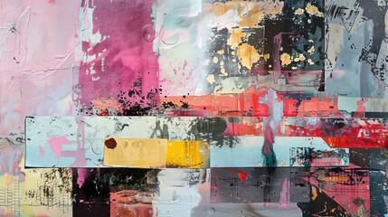 Layered abstract collage with mixed media, rich textures, and vibrant colors.