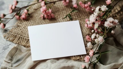 Obraz premium Blank white card mockup with burlap and pink flowers