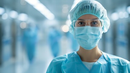 A female surgeon in scrubs, mask, and cap looks directly at the camera in an operating room.