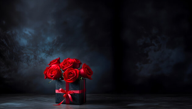 Bouquet of red rose stalks with gift box, copy space text on a dark abstract background for Valentine's or expression of love