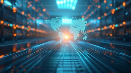 A glowing world map in a futuristic server room, symbolizing global connectivity and data flow.