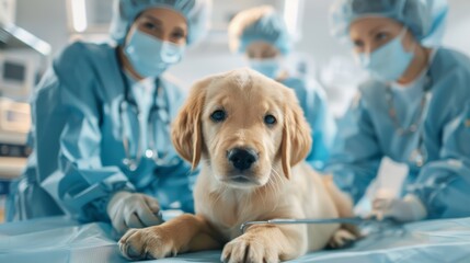 A golden retriever puppy lays on a surgical table, being cared for by two veterinary surgeons.