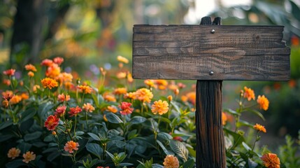 Rustic wooden signpost in a vibrant garden of Zinnia flowers