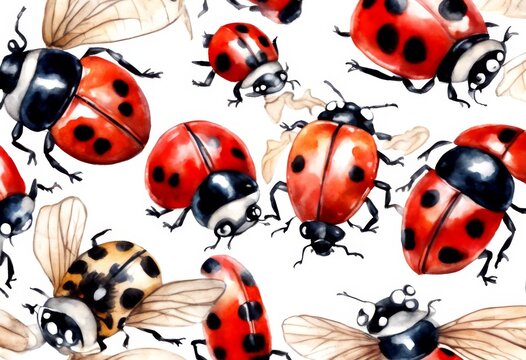set ladybug card fly cartoon insect ladybird flight bright flying greeting coccinellidae background concept watercolor red white spring nature olated bug text insects wild