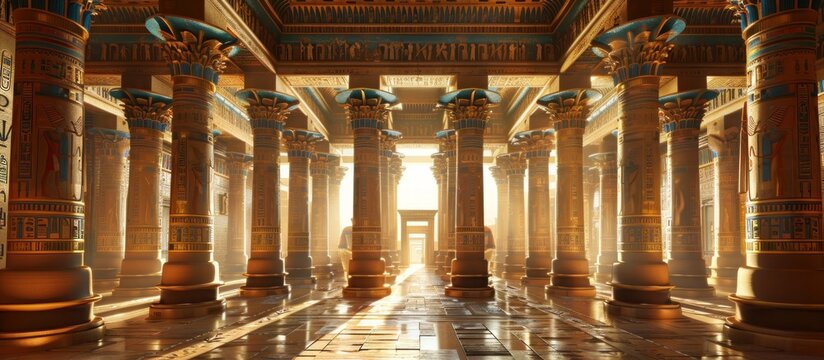 Ancient Egyptian Temple Interior with Golden Pillars and Sunlight