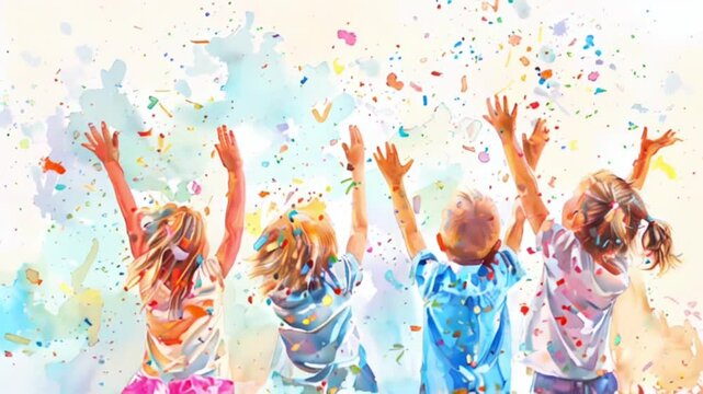 video with a watercolor illustration of four happy children, seen from behind, laughing and throwing confetti into the air, joyfully celebrating a special occasion