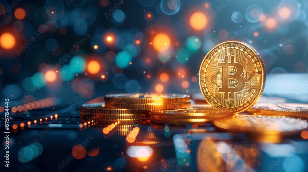 Poster a single gold cryptocurrency coin rests atop a stack of others, with a bokeh background of colorful 