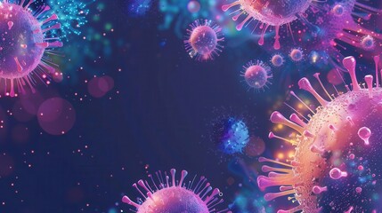 Obraz premium Detailed illustration of viral spread from cell to cell, vibrant colors, virus transmission, cellular biology