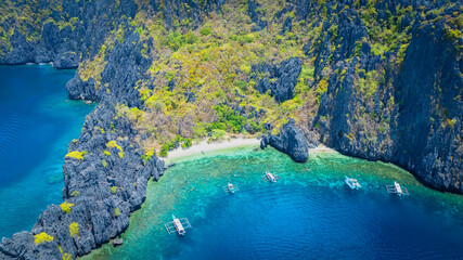 Coron, Palawan, Philippines, aerial view of beautiful lagoons and limestone cliffs.