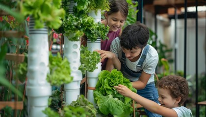 A family harvests fresh vegetables from a vertical aeroponic plant made from white PVC pipe poles in their home