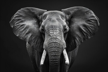 Black and white portrait of an elephant with ears wide open against black background, high contrast, high resolution photography


