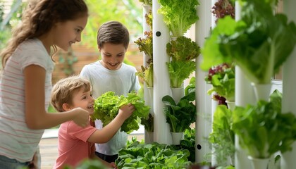 A family harvests fresh vegetables from a vertical aeroponic plant made from white PVC pipe poles in their home