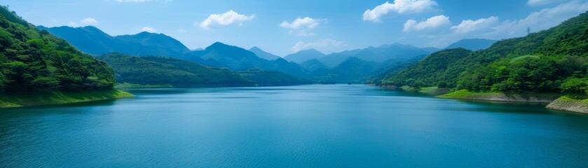 Obraz premium Tranquil lake surrounded by lush green hills under a blue sky.