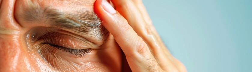 Close-up of a person with eyes closed, pressing fingers to forehead, showing stress and tension.