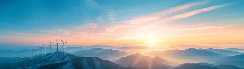 Fototapeta premium Sunrise over a misty mountain landscape with a glowing sky.