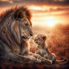 This image captures a tender moment between a mother lion and her cub in the wild, showcasing their bond and the beauty of the natural world.