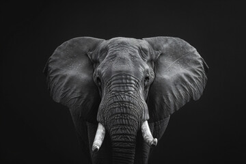 Black and white portrait of an elephant with ears wide open against black background, high contrast, high resolution photography


