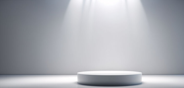 A white round product display stand in a bright white room.