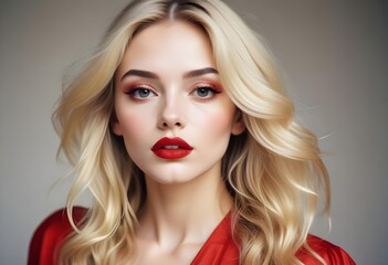 Fototapeta premium Professional beauty shot blonde model with red lipstick | Glamourous high fashion studio portrait intense gaze | Close up of woman with perfect skin and voluminous wavy hair