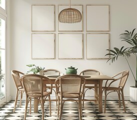 Obraz premium Rattan chairs and a large plant in a modern dining room. AI.