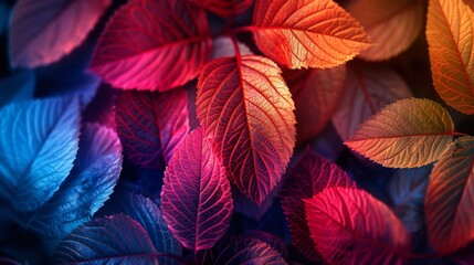 Fototapeta premium Colorful glowing leaves with intricate veins illuminated by vibrant red and blue light