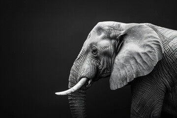Black and white portrait of an elephant with ears wide open against black background, high contrast, high resolution photography    © Welle Photos