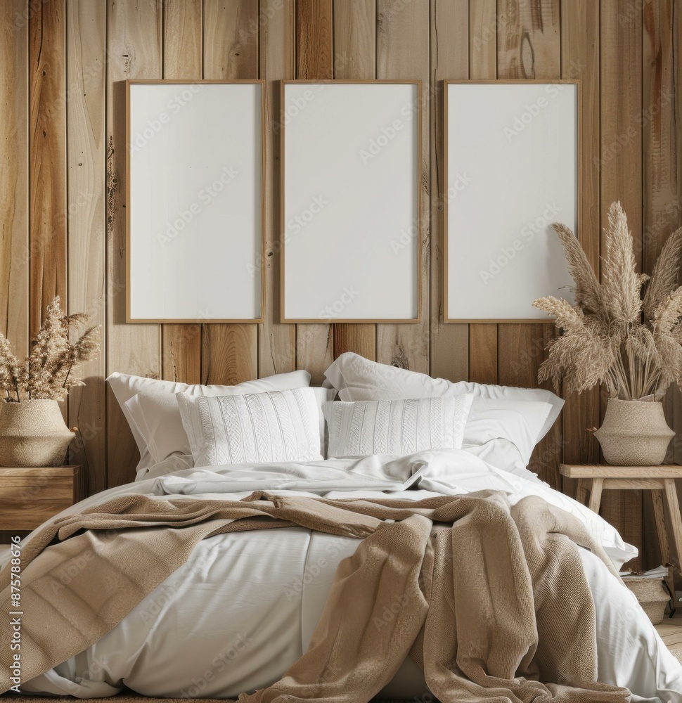 Aufkleber triptych of empty frames in a rustic bedroom. ai.