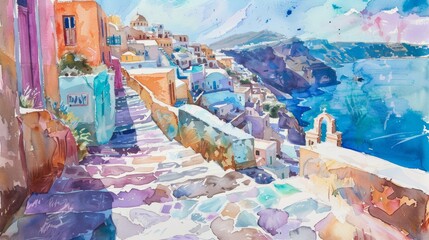 Watercolor paintings of Santorini streets and landscapes of Provence, Greece.