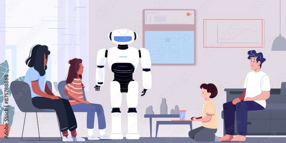 Aufkleber illustration of students and a robot in a classroom with a teacher explaining robotics on a whiteboa