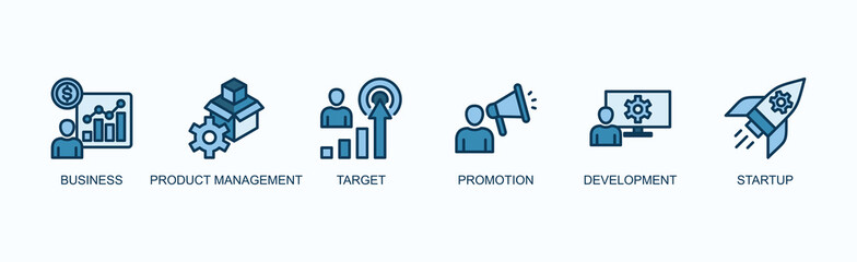Market Strategy Banner Web Icon Vector Illustration Concept With Business, Product Management, Target, Promotion, Development, Startup