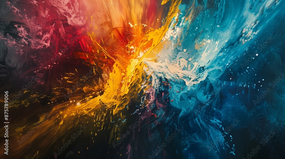 Poster a vibrant abstract with dynamic colors and textures, creating an explosive, captivating visual exper