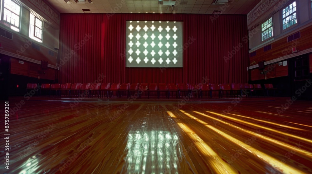 Poster an empty auditorium with red curtains and a projector screen. ai.