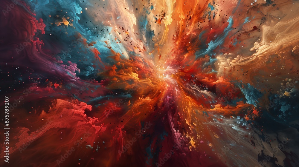 Poster abstract composition with vibrant colors and rich textures, creating an explosive visual experience.