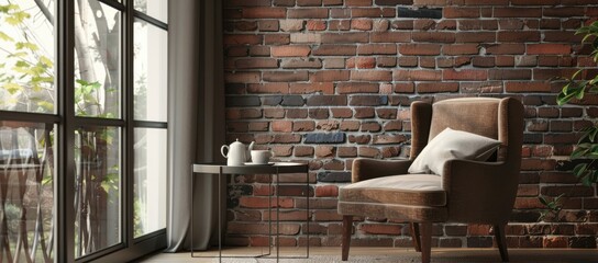 Cozy living room interior with brick wall, large window, and comfortable armchair. AI.
