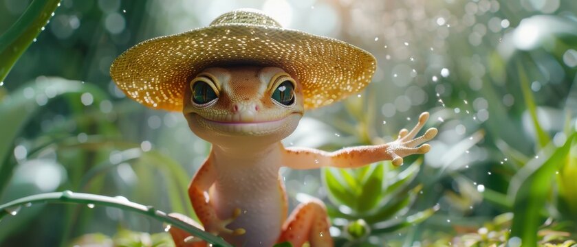 A cute gecko wearing a straw hat is sitting on a branch in the rain. AI.