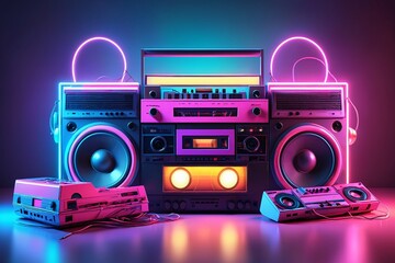 Retro Boombox with Neon Lights.