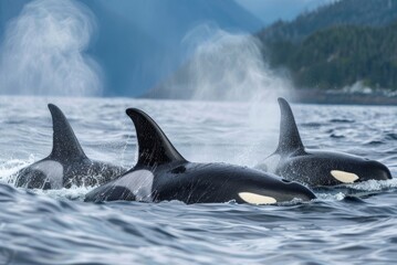 Fototapeta premium A pod of killer whales hunting together in the open ocean