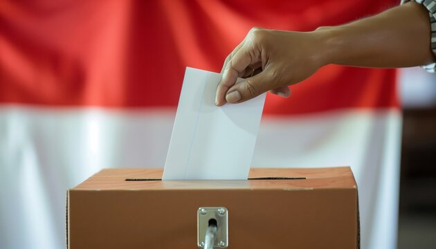 Close-up of a hand inserting ballot paper into the ballot box, with the Indonesian flag in the background