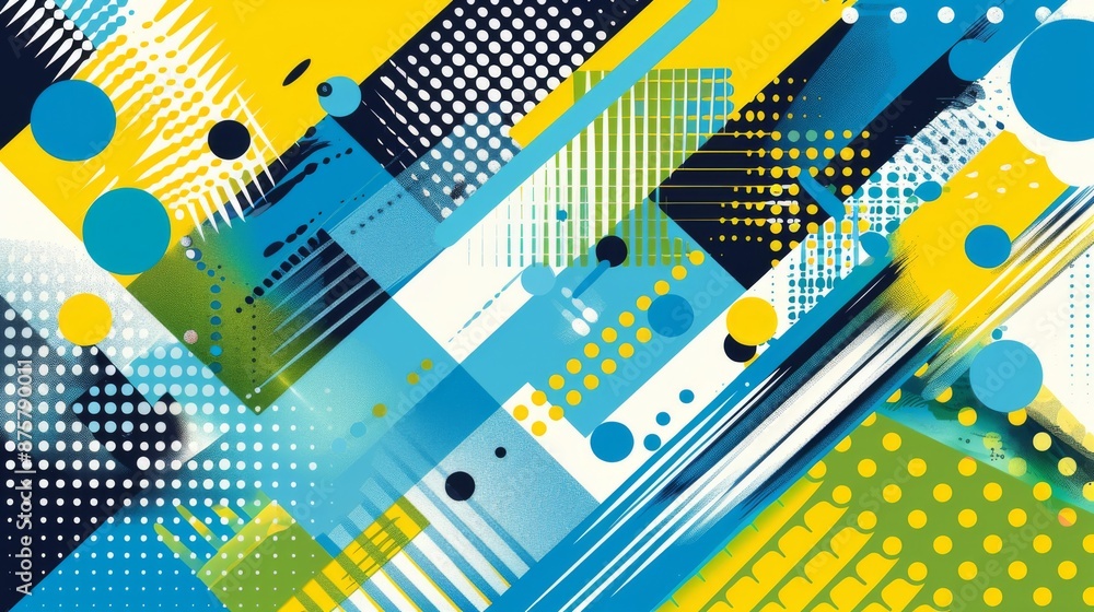 Poster abstract composition of geometric shapes and halftone patterns in bright yellow, blue, and green col