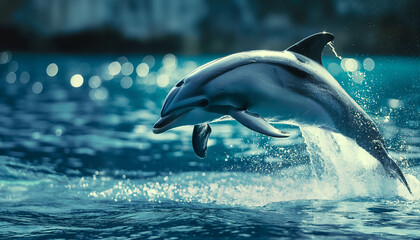 Dolphin leaping out of the water with droplets and a blurred ocean background.