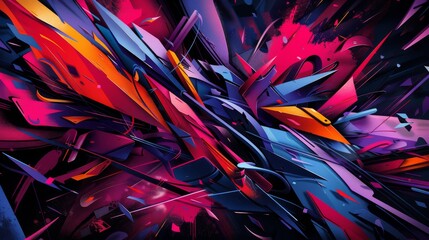 Vibrant and dynamic abstract painting with a graffiti-like style and a mix of bright and dark colors