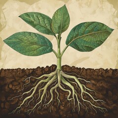 an illustration of a green plant with large leaves growing out of the soil with a view of roots and layers of soil under the ground also visible ()