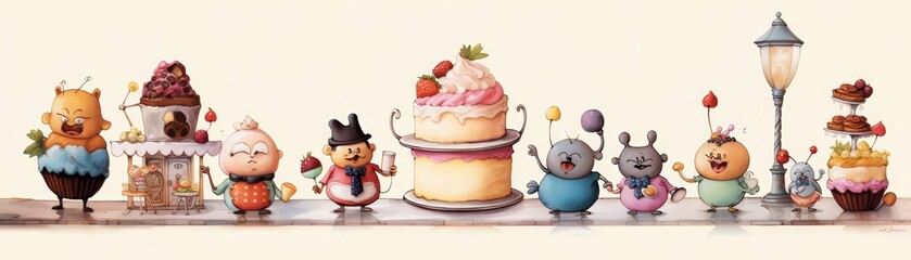 Vintage cartoon characters enjoying a tall cake with classic decorations, Retro, Muted tones, Digital art, Timeless bakingwhite background,