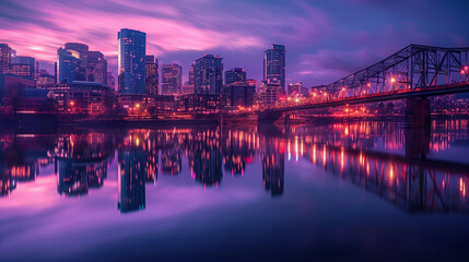 Fototapeta premium Modern city skyline with reflective water and vibrant purple sunset