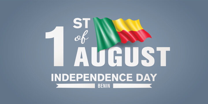 Benin happy independence day greeting card, banner with template text vector illustration. Beninian memorial holiday 1st of August design element with 3D flag with stripes