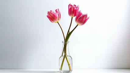 Fototapeta premium A single pink tulip sits in a clear vase on a minimalist white background.